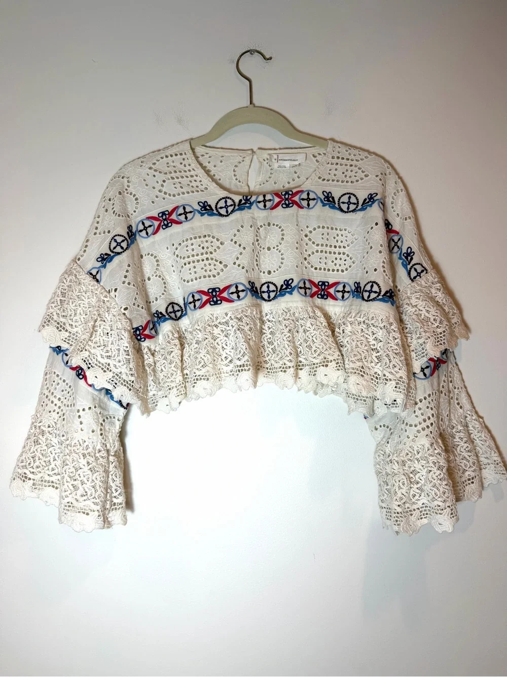 Anthropologie Embroidered Eyelet Lace Crochet Ultra Cropped Shrug XS/S Boho